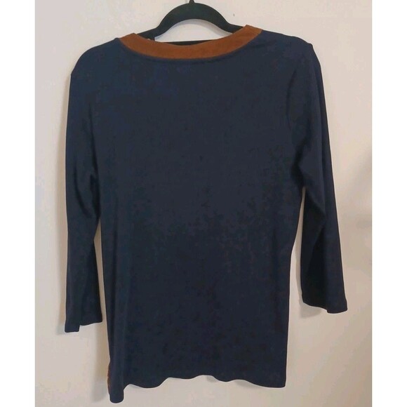 Lauren Ralph Lauren Faux Suede Trim Tunic Large Navy Blue Long Sleeve Preppy - Picture 5 of 7